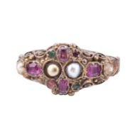VICTORIAN HALLMARKED 18CT GOLD RUBY EMERALD & PEARL RING