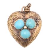 19TH CENTURY GOLD & TURQUOISE HEART LOCKET PENDANT