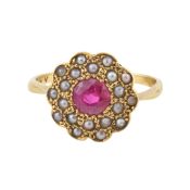 A GOLD PEARL AND SYNTHETIC RUBY CLUSTER RING