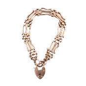 9CT ROSE GOLD GATE LINK BRACELET WITH HEART PADLOCK CLASP