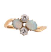 EDWARDIAN HALLMARKED 18CT GOLD OPAL & DIAMOND CROSSOVER RING