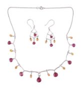 18CT WHITE GOLD TOURMALINE & DIAMOND NECKLACE & EARRING SUITE