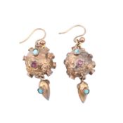 PAIR OF 19TH CENTURY GARNET & TURQUOISE SET ORB PENDANT EARRINGS