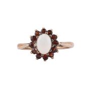 SILVER OPAL & GARNET CLUSTER RING.