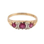 HALLMARKED 9CT GOLD RUBY AND DIAMOND THREE STONE RING