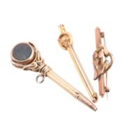 TWO 9CT GOLD BAR BROOCHES & SWIVEL MOUNT PICK