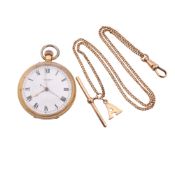 J.W. BENSON OPEN FACED POCKET WATCH ON CHAIN