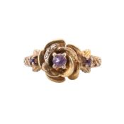 HALLMARKED SILVER GILT AMETHYST & DIAMOND ROSE RING