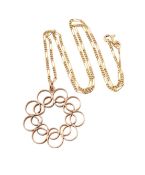 9CT GOLD FIGARO LINK NECKLACE AND FANCY PENDANT