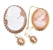 TWO HALLMARKED 9CT GOLD CAMEO BROOCH PINS & CAMEO PENDANT EARRINGS