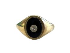 HALLMARKED 9CT GOLD ONYX & DIAMOND SIGNET RING