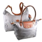TWO LONGCHAMP LE PILAGE GREY CANVAS HANDBAGS