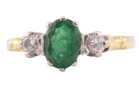 HALLMARKED 18CT GOLD EMERALD & DIAMOND THREE STONE RING