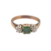 9CT GOLD EMERALD & DIAMOND THREE STONE RING