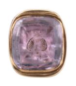 19TH CENTURY GOLD & PURPLE STONE FOB SEAL WITH BEE INTAGLIO