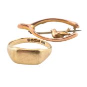 HALLMARKED 9CT WISHBONE BROOCH AND RING