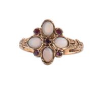 HALLMARKED 9CT GOLD OPAL & RUBY FLOWER CLUSTER RING.