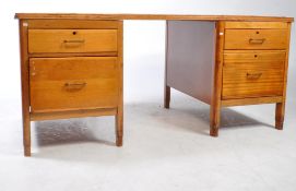 VINTAGE 20TH CENTURY OAK MOD TWIN PEDESTAL OFFICE DESK