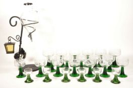 20TH CENTURY GERMAN GREEN STEM GLASSES AND TABLE WINE DISPENSER