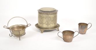 VICTORIAN 19TH CENTURY EPNS SILVER PLATED BISCUIT BARREL AND OTHERS