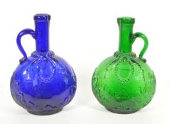 TWO 20TH CENTURY FRENCH GLASS BOTTLES IN BLUE AND GREEN