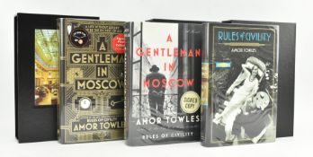 TOWLES, AMOR. THREE SIGNED FIRST EDITIONS INCL. RULES OF CIVILITY WITH COCKTAIL DOODLE