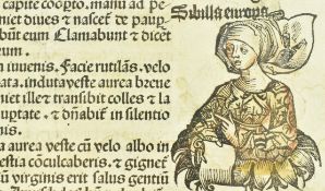 NUREMBURG CHRONICLE FRAGMENT. 1493 INCISED LEAF WITH HAND COLOURED WOODBLOCK ENGRAVING