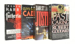 THREE SIGNED VINTAGE THRILLER PAPERBACKS & PROOF COPY OF ROBERT HARRIS'S FATHERLAND