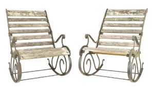 PAIR OF EARLY 20TH CENTURY CAST METAL & WOODEN GARDEN ROCKING CHAIRS