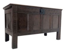 18TH CENTURY CARVED OAK PLANK COFFER CHEST