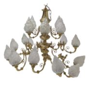 LARGE 20TH CENTURY GILT METAL & FLAME GLASS SHADE TWIN SIX-ARM CHANDELIER