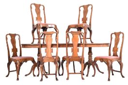 20TH CENTURY QUEEN ANNE STYLE BURR WALNUT TABLE AND CHAIRS