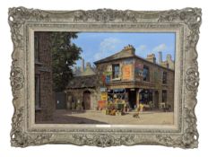 EDWARD HERSEY (B. 1948) - ACRYLIC ON CANVAS STREET SCENE WITH ENAMEL SIGNS