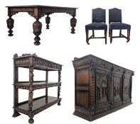 CONTINENTAL CARVED OAK DINING SUITE -BUFFET, CREDENZA WITH TABLE & CHAIRS