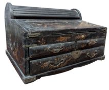 CHINESE 19TH CENTURY CHINOISERIE & BLACK LAQUERED TAMBOUR TOP DESK STATIONERY CABINET