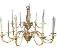 LARGE FLEMISH STYLE SOLID BRASS TEN ARM DOUBLE TIER ESTATE CHANDELIER