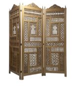 SYRIAN EASTER MASHRABIYA CARVED LIGHT OAK & HARDWOOD THREE-FOLD WORK SCREEN