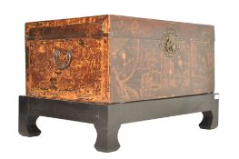 CHINESE RED & BLACK LACQUERED TRUNK CHEST ON BASE