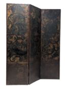 EARLY 20TH CENTURY HAND PAINTED LEATHER STUDDED THREE FOLD SCREEN