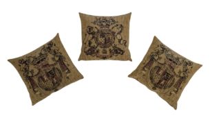 HINES OF OXFORD - THREE FLEMISH TAPESTRIES ARMORIAL CHENILLE CUSHIONS
