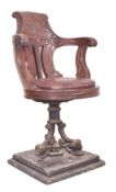 VICTORIAN 19TH CENTURY CARVED OAK & CAST IRON BASE CAPTAIN'S CHAIR BY STEWART & CO, GLASGOW