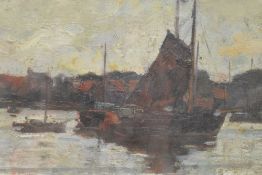 ROBERT HOPE (1869-1936) - BOATS BY HARBOUR - OIL ON BOARD