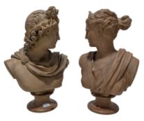 PAIR OF 20TH CENTURY TERRACOTTA BUSTS OF APOLLO & ARTEMIS