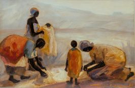 TONY HUDSON (BRITISH, 1937-1989) - 1988 OIL ON BOARD AFRICAN PAINTING