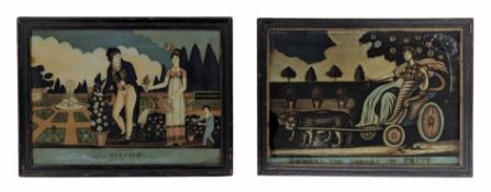 TWO REGENCY EARLY 19TH CENTURY REVERSE GLASS PICTURES