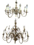 TWO LARGE FLEMISH STYLE BRASS ESTATES TWELVE & SIX ARM CHANDELIERS