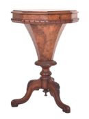VICTORIAN 19TH CENTURY WALNUT MARQUETRY INLAID TRUMPET SEWING BOX