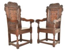 PAIR OF 19TH CENTURY CHARLES I REVIVAL OAK & MARQUETRY INLAID ARMCHAIRS