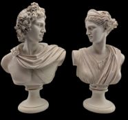 PAIR OF 20TH CENTURY COMPOSITE MARBLE BUSTS OF APOLLO & DIANA