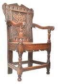 CHARLES I CARVED OAK PANELLED BACK THRONE ARMCHAIR